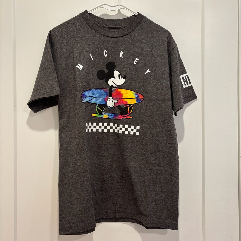 Neff Disney Mickey Mouse Surfboard Tie Dye Graphic T-Shirt Mens Medium Grey